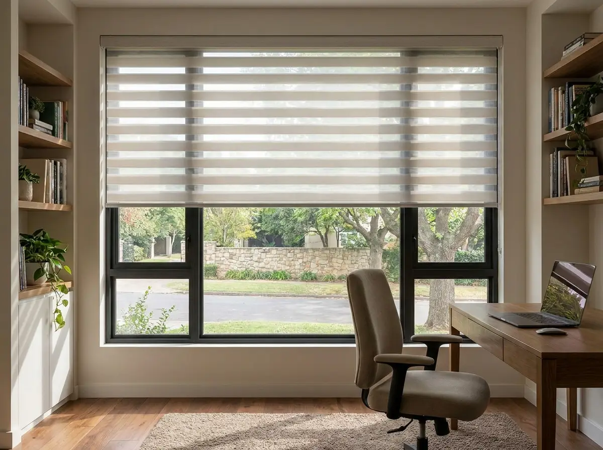 Day-night zebra blind filtering morning light in a Hyde Park home office