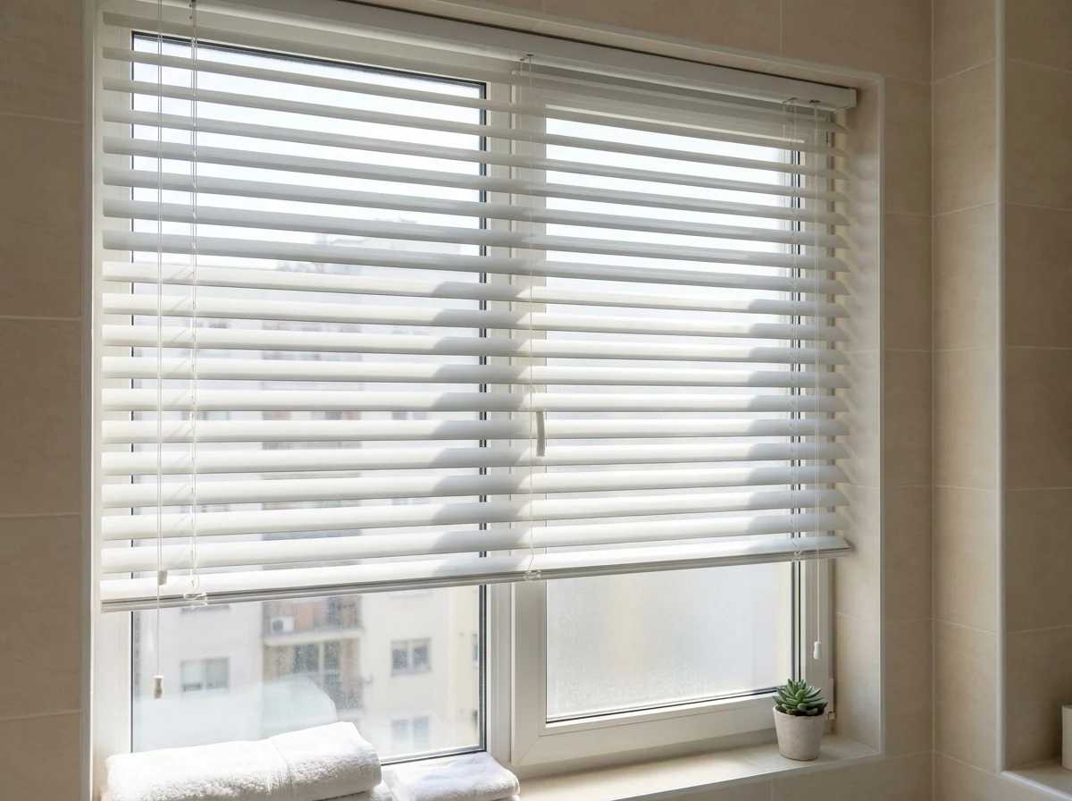 Close-up of aluminium venetian blind slats in an Illovo bathroom window