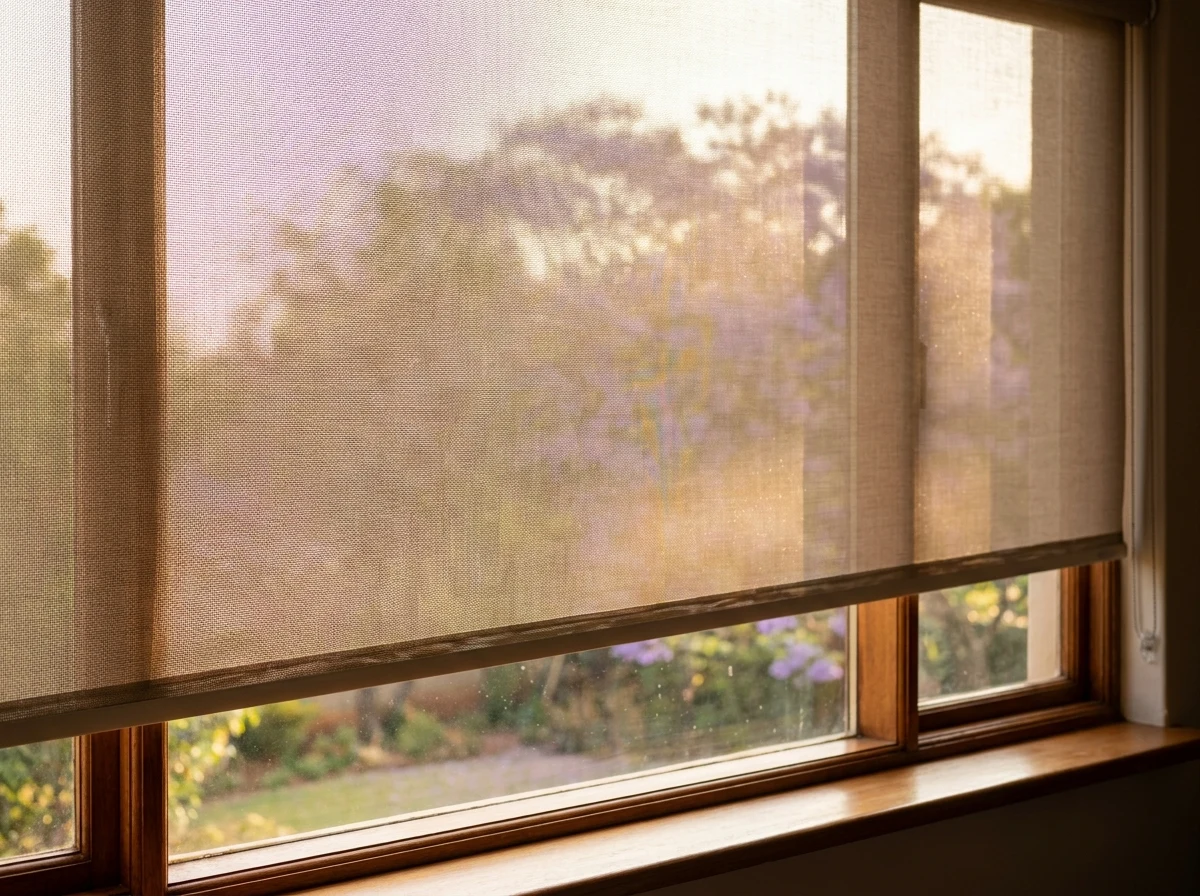 Close-up of taut sunscreen roller blind fabric weave with a blurred garden and jacaranda tree beyond the glass