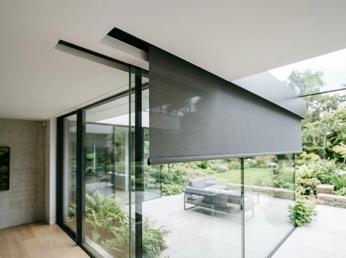 Close-up of a concealed roller blind emerging from a slim ceiling recess in a Sandhurst home