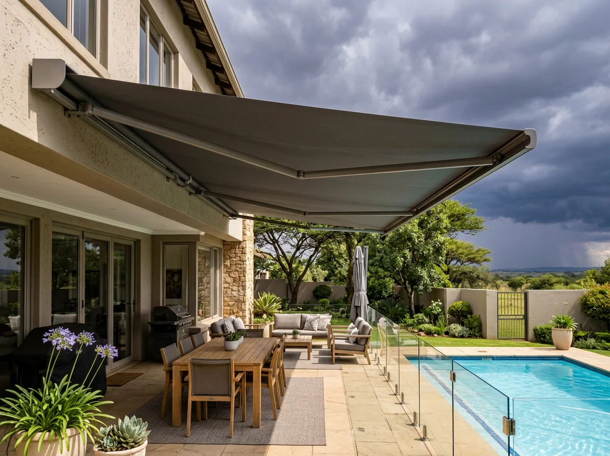 Motorised folding-arm awning extended over a paved pool and dining deck at a Johannesburg home, with a highveld thunderstorm building on the horizon beyond the garden wall