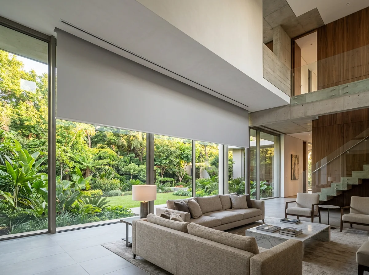 Concealed recessed blind dropping from a slim ceiling slot in a double-volume living room, a single smooth flat sunscreen fabric on a tube with no folds, over full-height glazing onto a garden