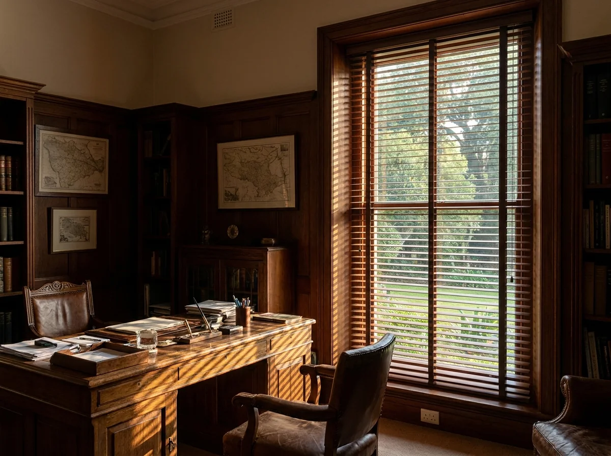 Warm basswood timber venetian blind in a panelled study, horizontal slats on ladder tapes tilted open so low morning sun stripes across the desk