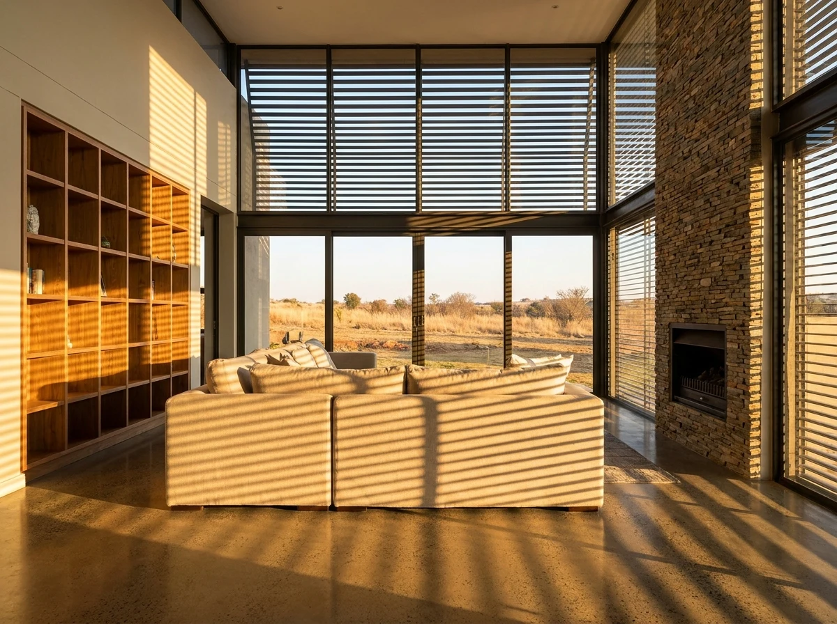 Low winter sun raking across a polished floor in a north-facing living room, external venetian louvres visible outside the glass