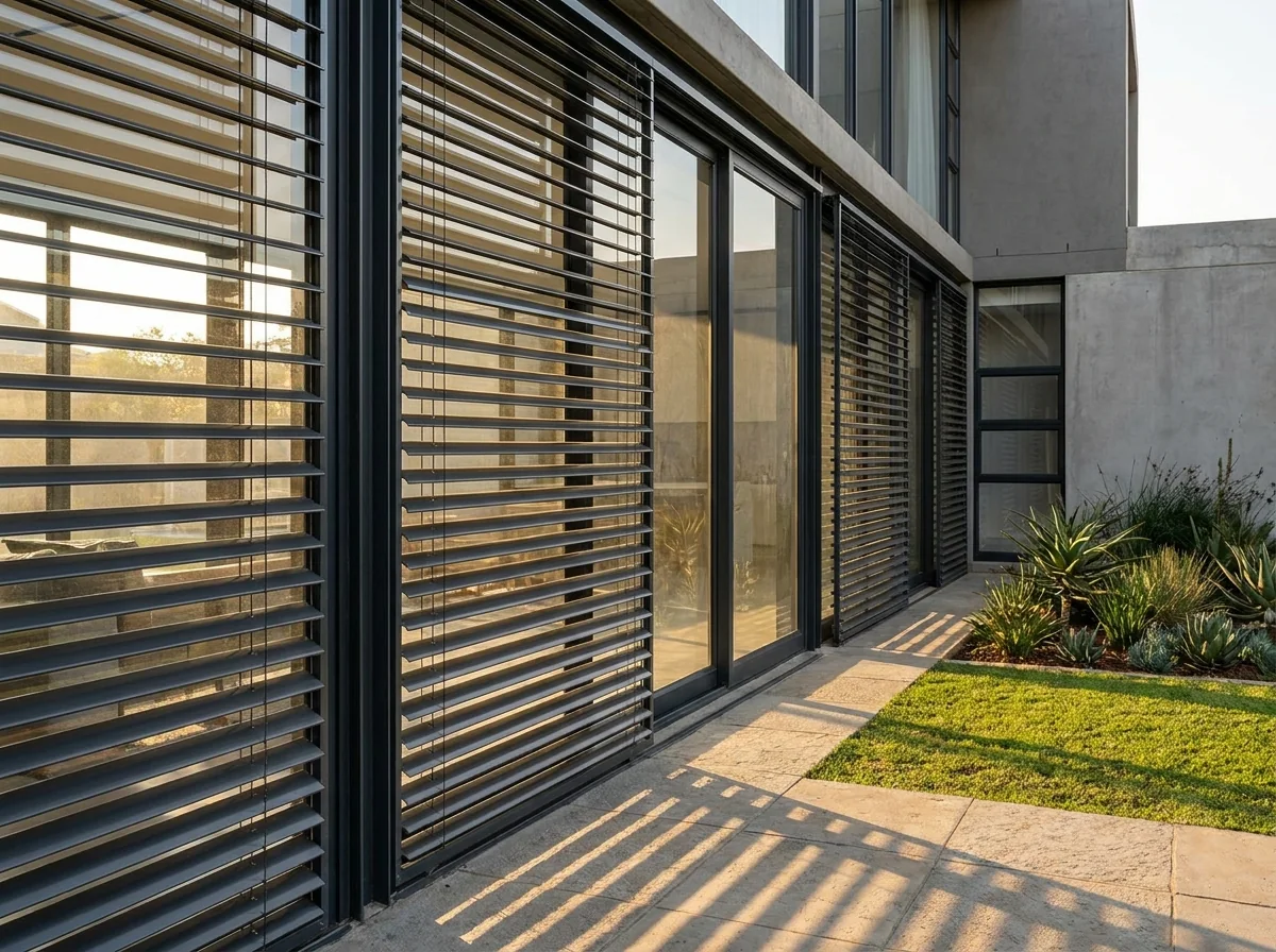 External aluminium venetian louvres mounted outside a west-facing glass wall in slim guide rails, slats tilted to cut low late-afternoon sun, striping shadows across the paving