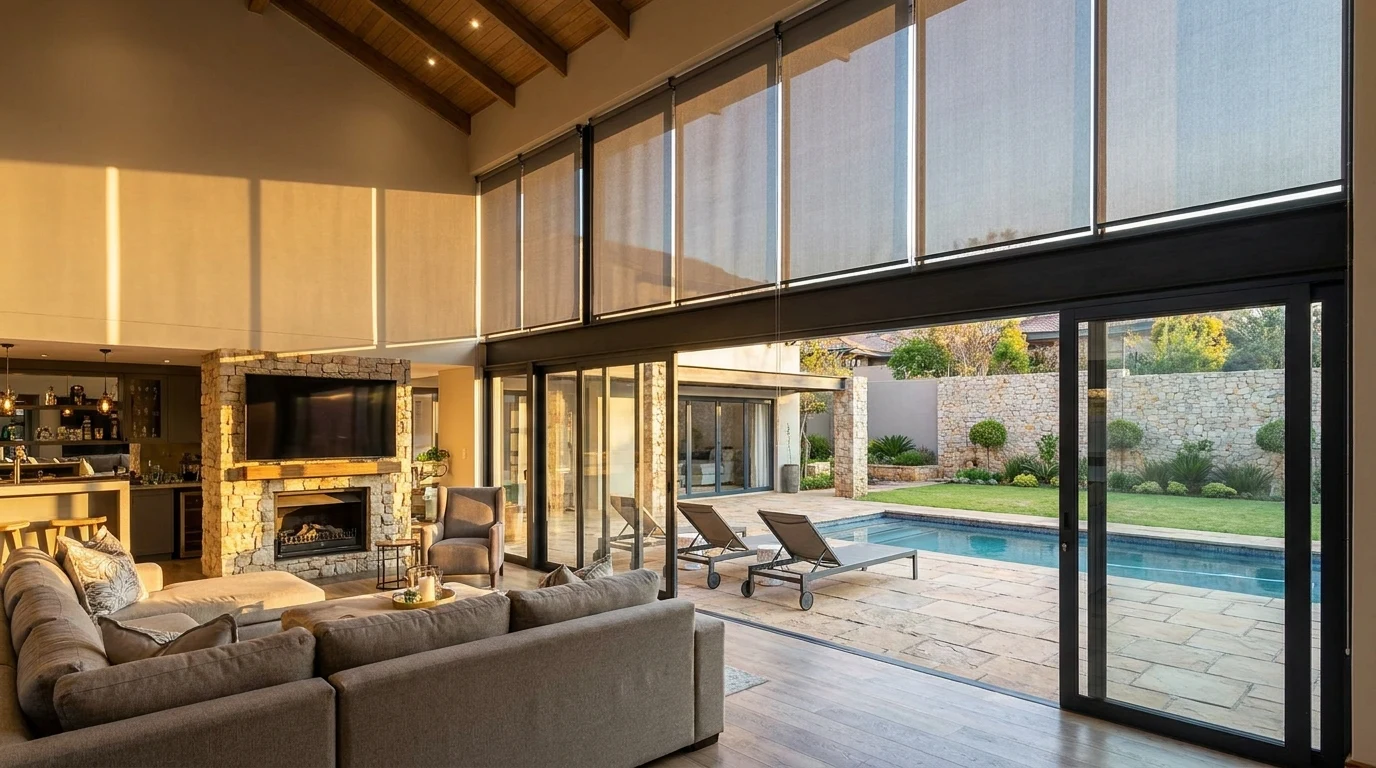 Modern Melrose apartment living room with a motorised sunscreen roller blind against a wide balcony slider