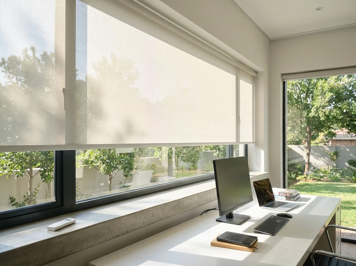 Motorised sunscreen roller blind lowered halfway to cut glare in a bright Hyde Park home office