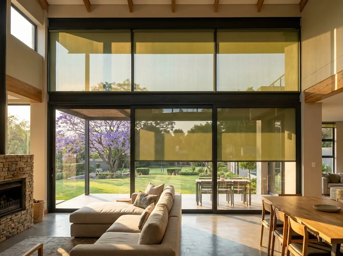 Motorised sunscreen roller blinds across a steel-frame glass wall in a Hyde Park living room