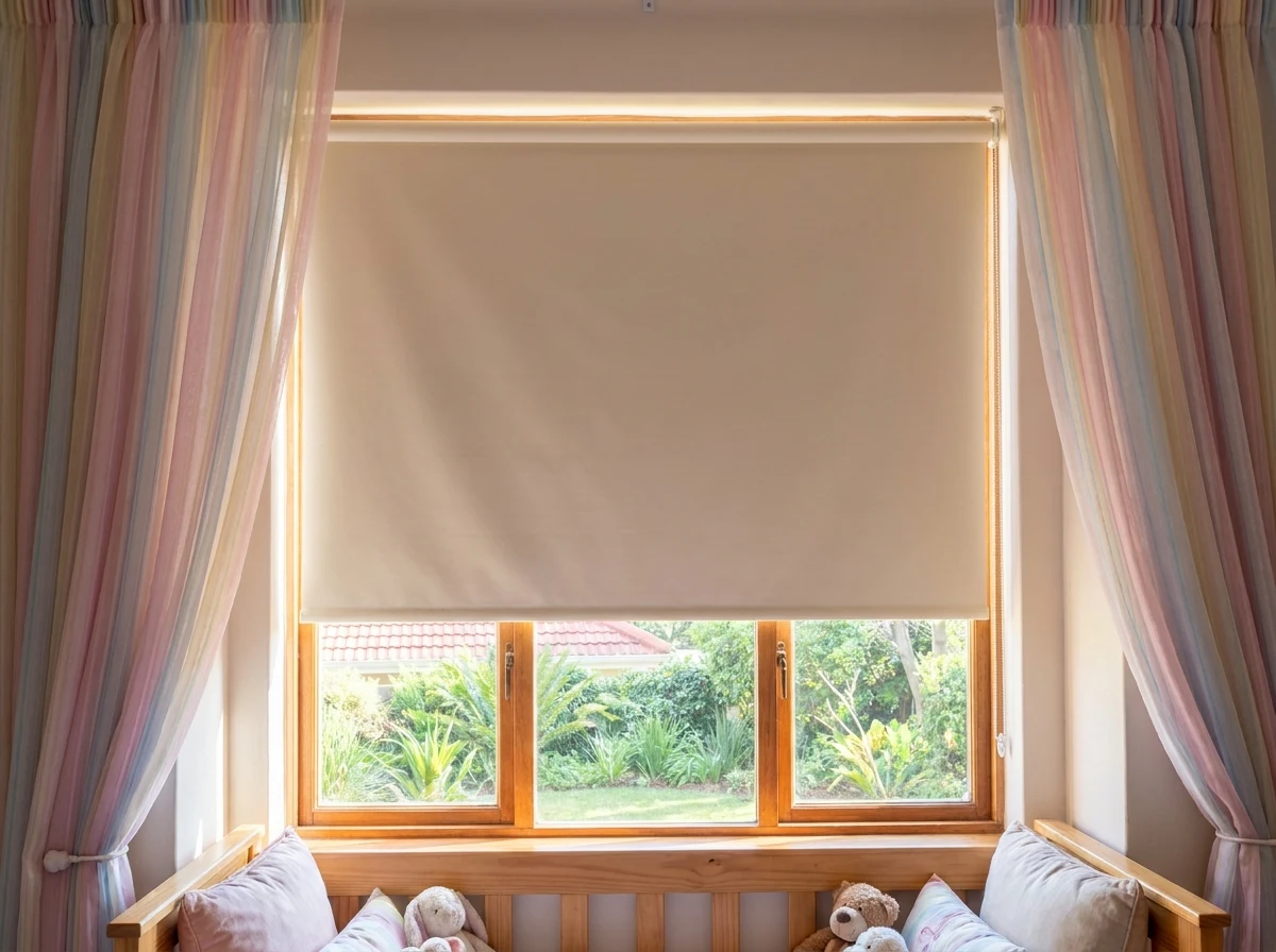Soft blockout roller blind lowered halfway in a Hyde Park child's bedroom window