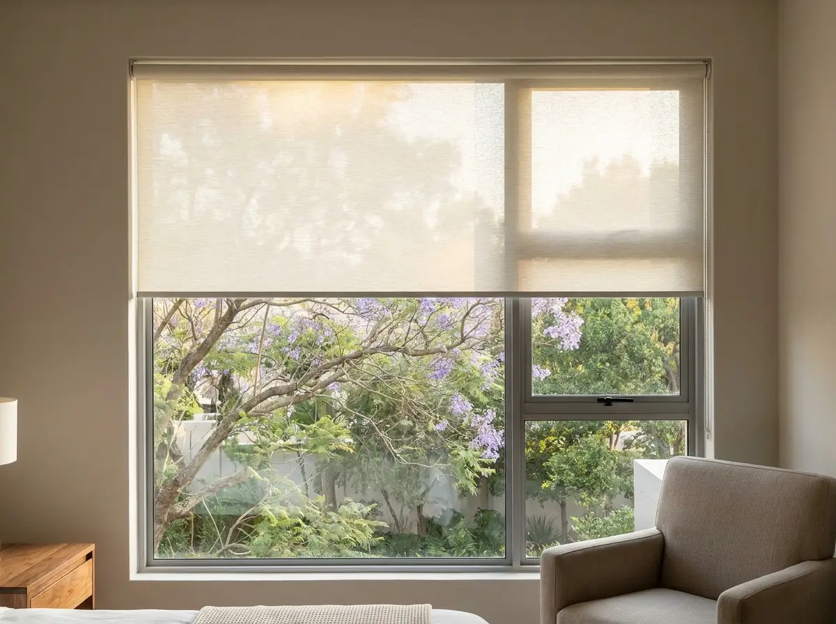 Ivory sunscreen roller blind — one smooth flat sheet on a tube — in a Hyde Park bedroom