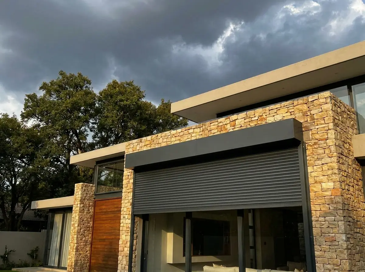 Aluminium roller shutters lowered outside the glass for heat and glare control at a Hyde Park home