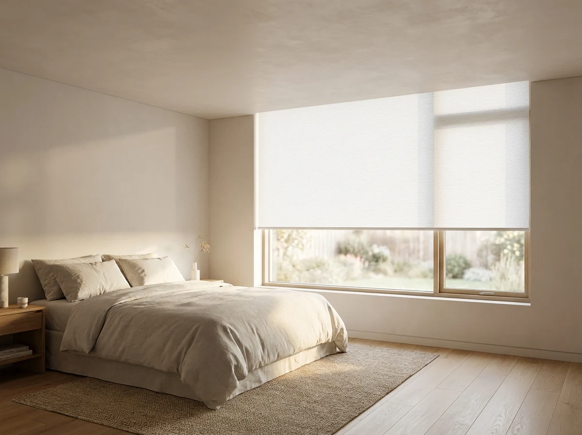 Bright guest bedroom with a concealed roller blind fitted into a slim ceiling recess