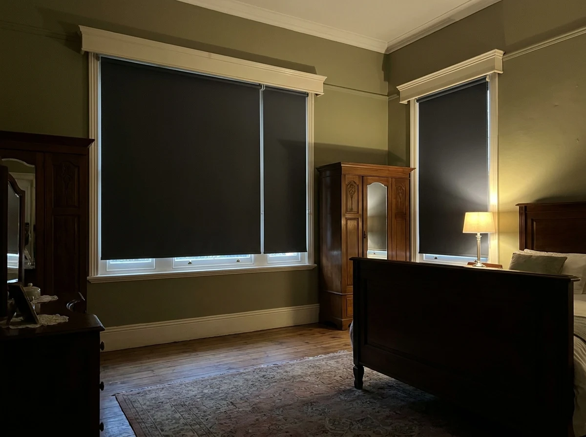 Dunkeld bedroom with deep-charcoal blockout roller blinds beneath an ivory pelmet