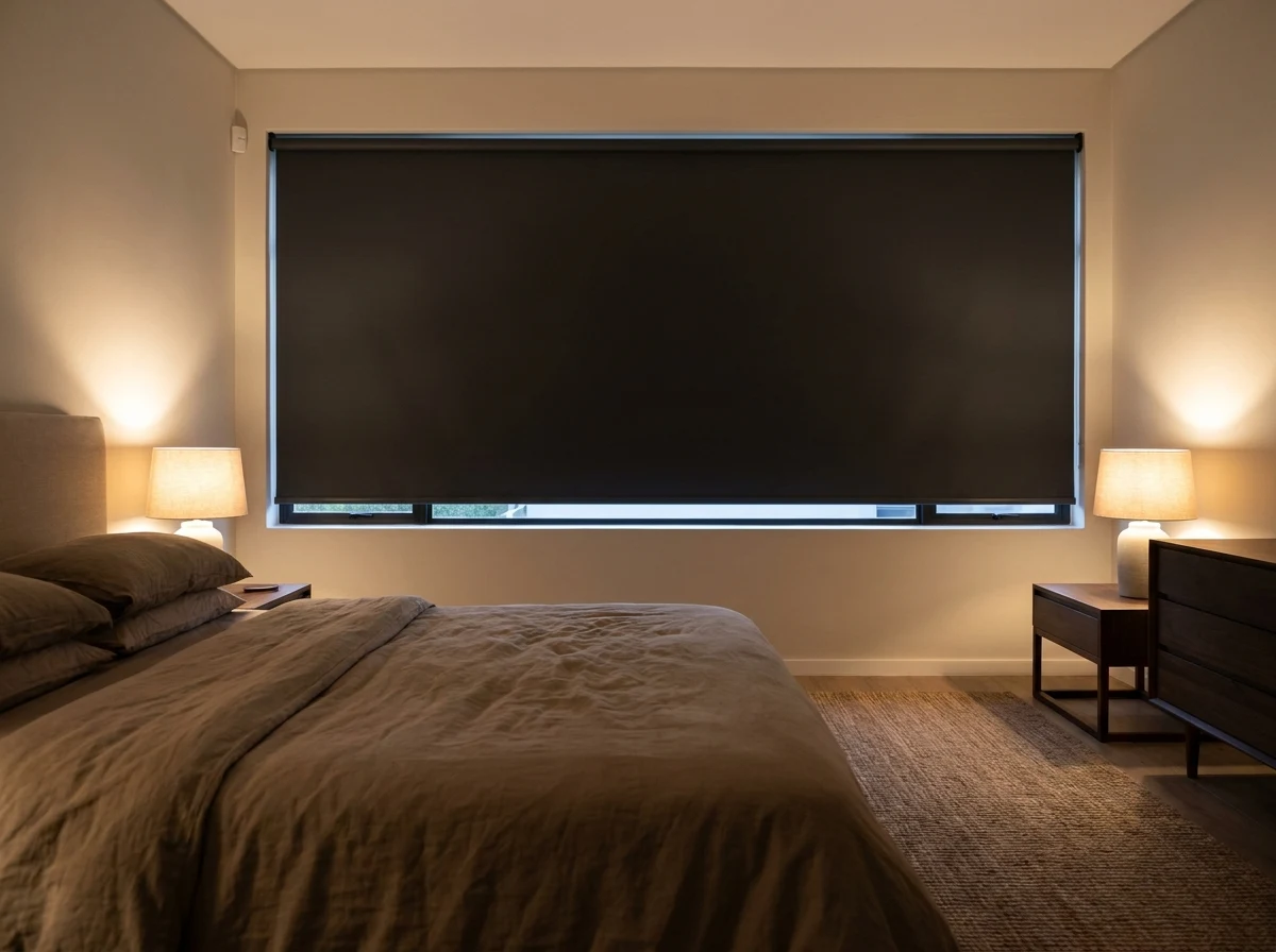 Calm Hyde Park master bedroom with a deep-charcoal blockout roller blind and soft bedside lamp glow