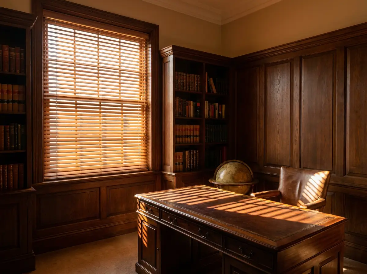 Timber venetian blinds tilted open in a wood-panelled Hyde Park study