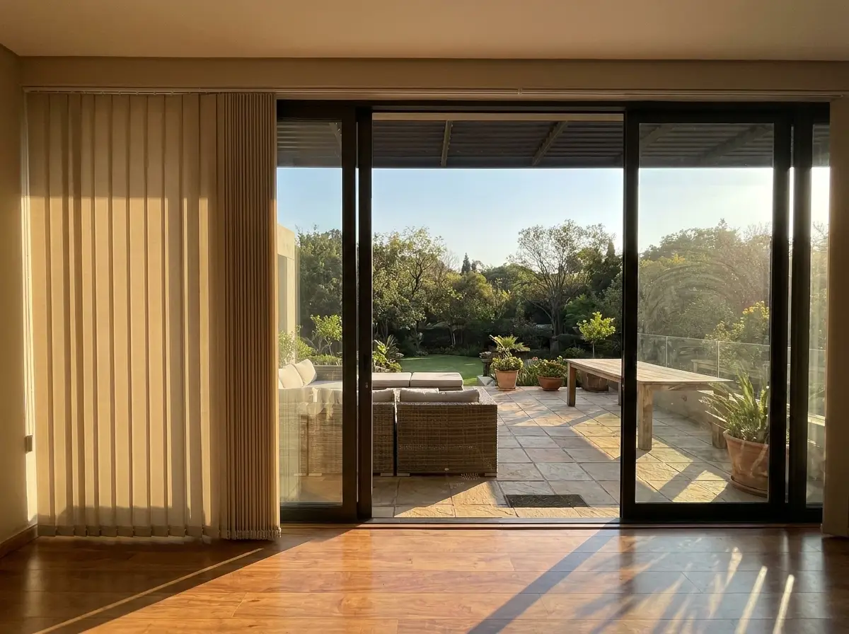 Vertical panel blinds drawn aside on a wide sliding door onto a Hyde Park patio