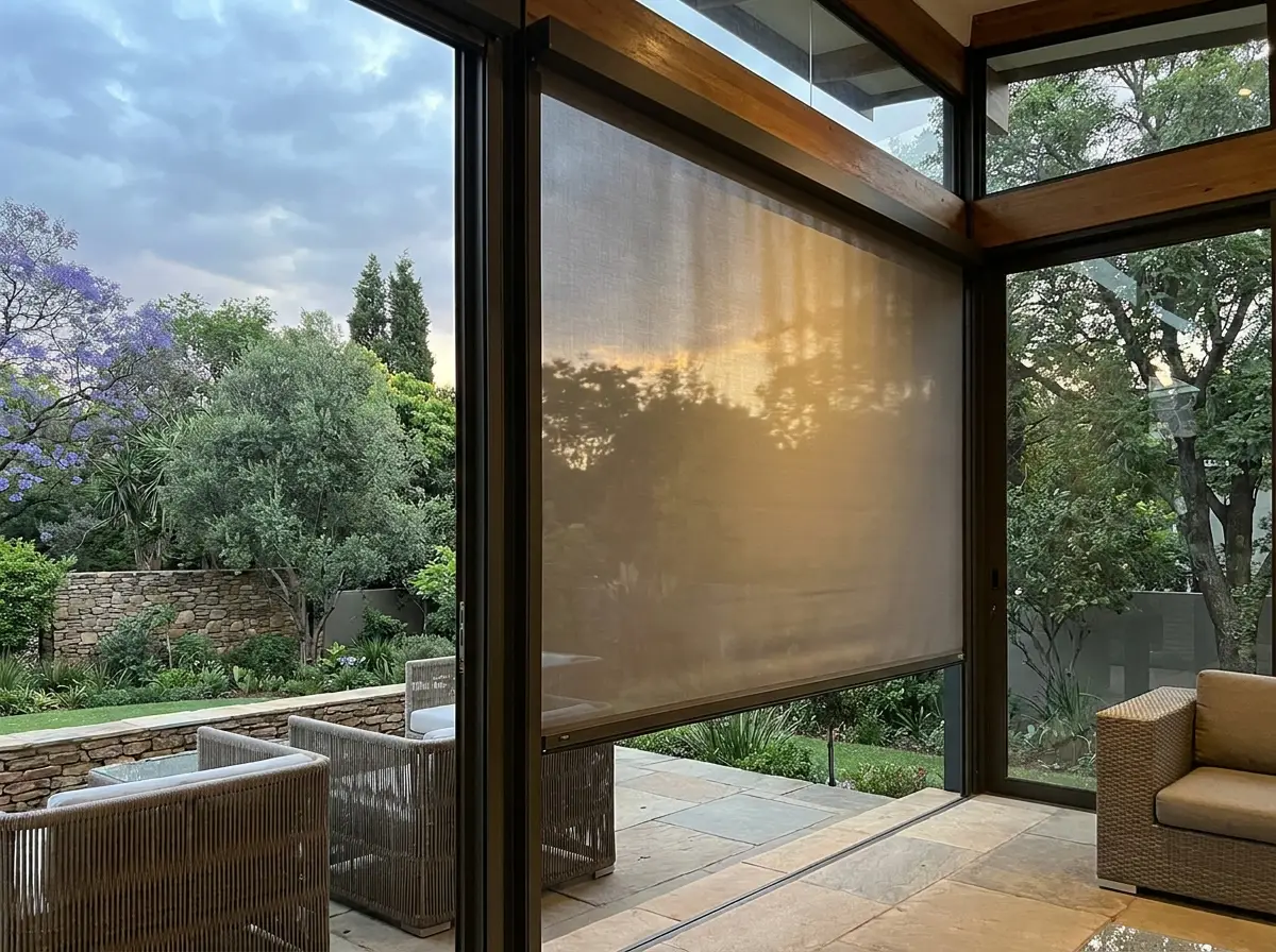 Zip-track outdoor screen enclosing a Hyde Park patio at dusk